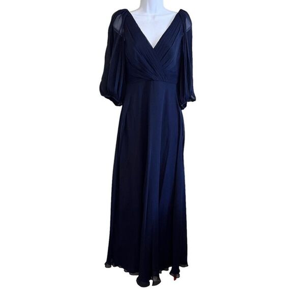 Jenny Packham Gown Sz 2 Midnight Navy Bell Sleeve V-Neck‎ Chiffon Bridesmaid NWT - Picture 1 of 12